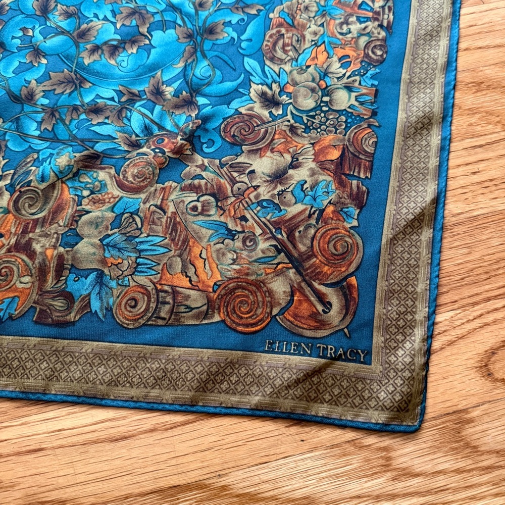 Vintage Ellen Tracy teal and orange chic silk boho scarf - Picture 5 of 12